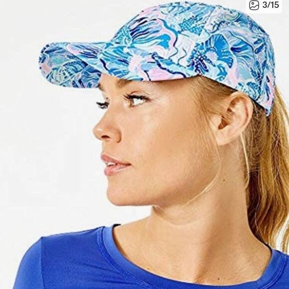 Lilly Pulitzer Run Around Hat Shade Seekers Saltwater Blue Pink Coral Print main image 9